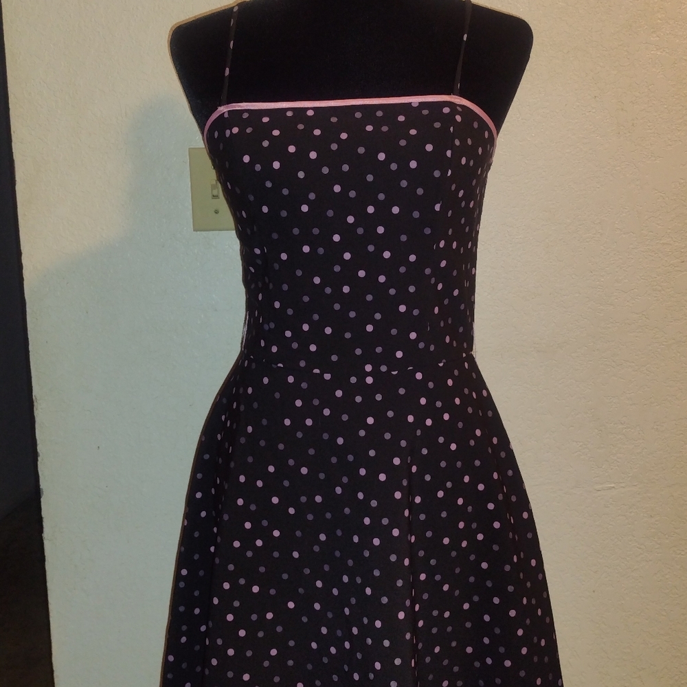Fun & Flirty Black /Pink Polka Dot Spaghetti Strap A-Line party cocktail dress M